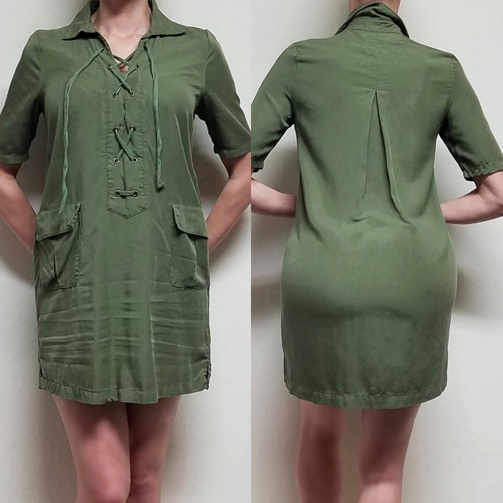 Sister Kate's Olive Green Lace-up Short Sleeve Lightweight Mini Shirt Dress S
